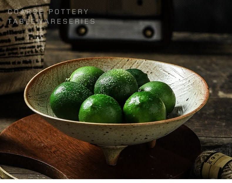 Tripod Stoneware Fruit Plate with green limes, rustic home decor bowl